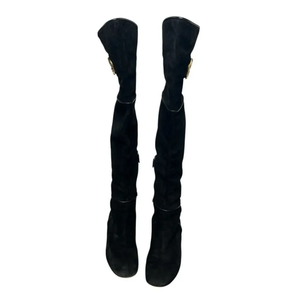 Gucci Black Suede Over the Knee Boots GG 1973 Logo Block Heel Shoes Size 38